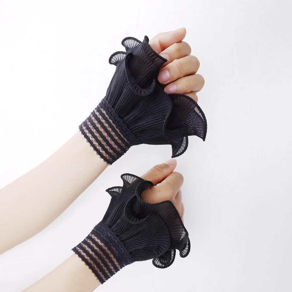 Women's Flared Sleeves Black Elastic Bracelet Wrist Cuffs Gloves Wedding Party